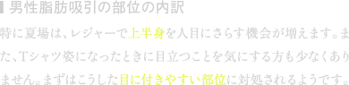 男性脂肪吸引の部位の内訳 | 特に夏場は、レジャーで上半身を人目にさらす機会が増えます。また、Tシャツ姿になったときに目立つことを気にする方も少なくありません。まずはこうした目に付きやすい部位に対処されるようです。