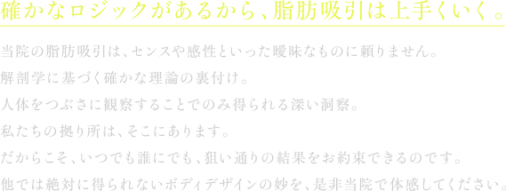 確かなロジックがあるから、脂肪吸引は上手くいく。当院の脂肪吸引は、センスや感性といった曖昧なものに頼りません。解剖学に基づく確かな理論の裏付け。人体をつぶさに観察することでのみ得られる深い洞察。私たちの拠り所は、そこにあります。だからこそ、いつでも誰にでも、狙い通りの結果をお約束できるのです。他では絶対に得られないボディデザインの妙を、是非当院で体感してください。